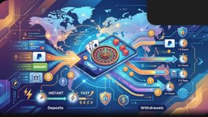 Современная иллюстрация с иконками платежных систем и часами для статьи о сроках вывода средств.
